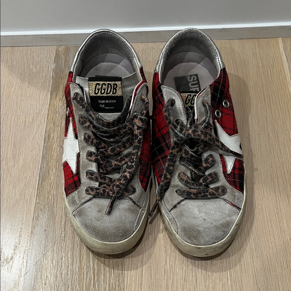 Golden Goose Red Plaid Sneakers with Leopard Laces